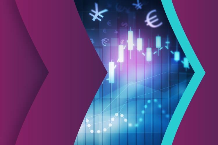 Forex trade chart, design with Skrill purple and teal brand arrows