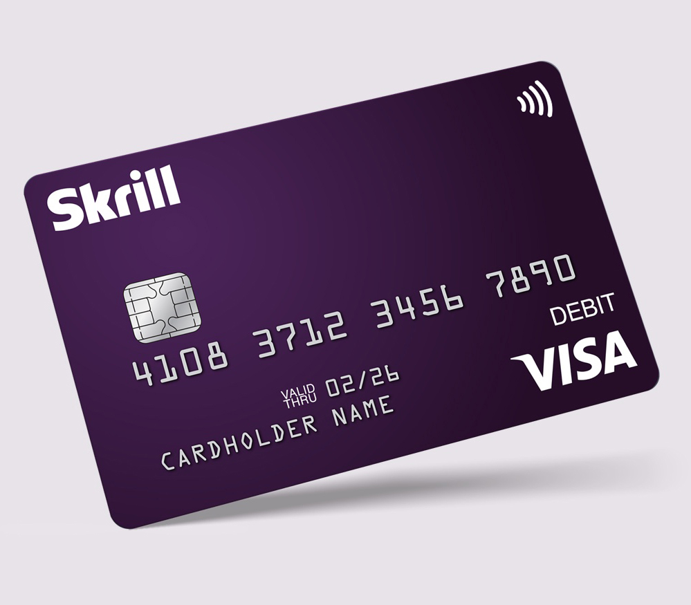 Skrill Visa card on light purple background