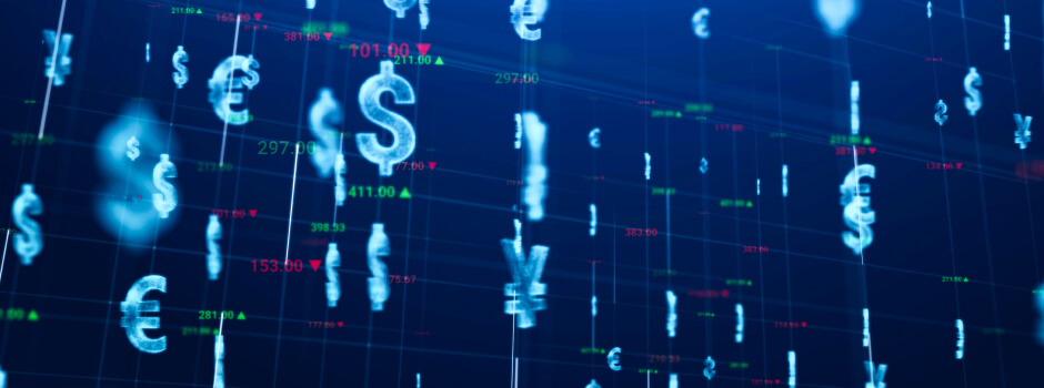 Image of traditional currency and cryptocurrency signs on a dark blue background