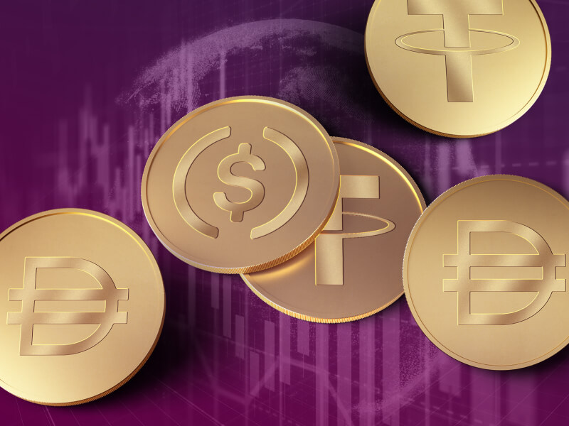 Purple background with different cryptocurrencies