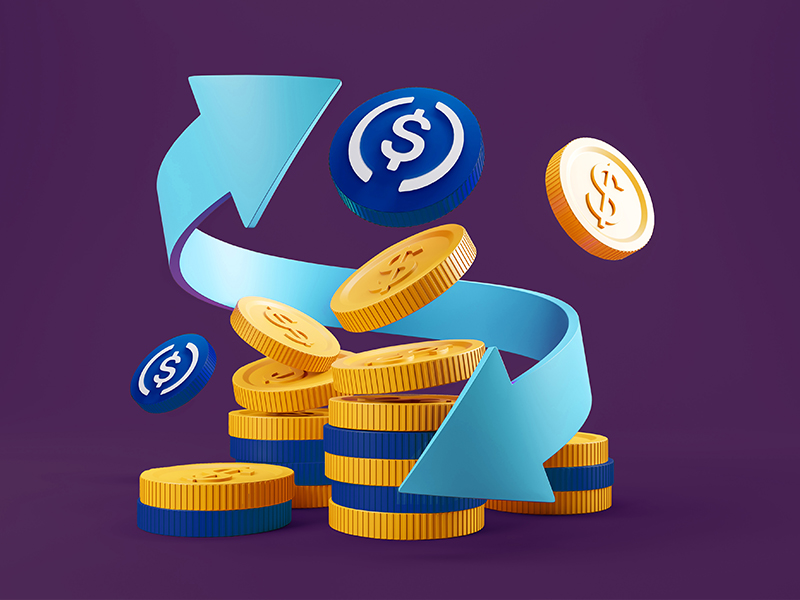 blue arrow and coins with purple background