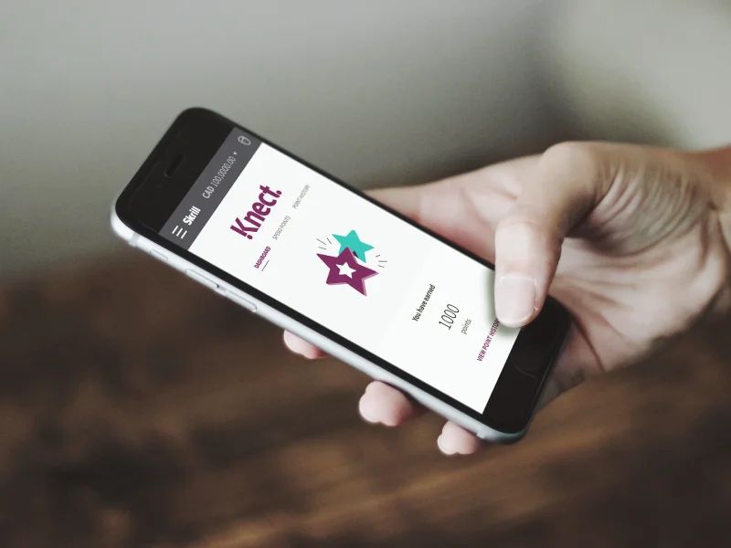 Skrill app displaying the Knect dashboard with loyalty points
