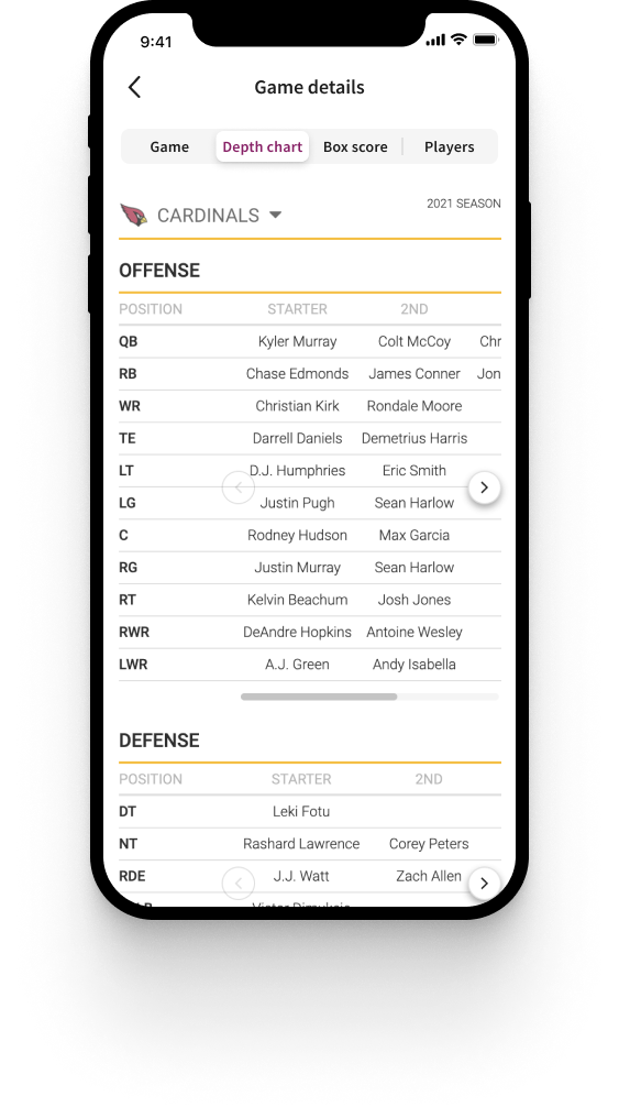 NFL depth chart under Game details in the app
