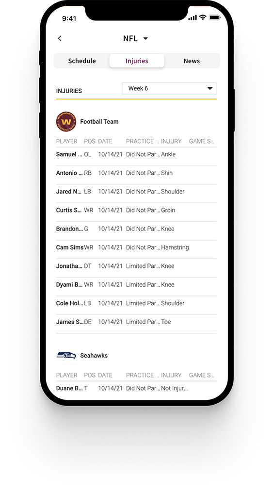 NFL injuries list in the app