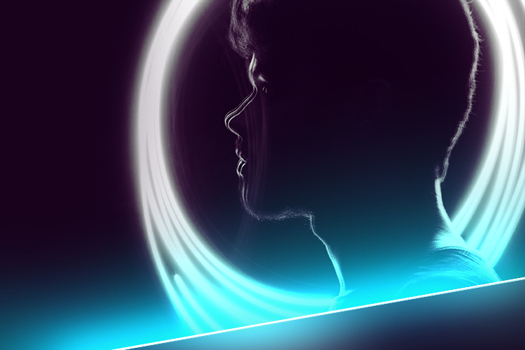 Dunkler Skrill VIP-Hintergrund mit Neonkreisen um das Gesicht eines Mannes