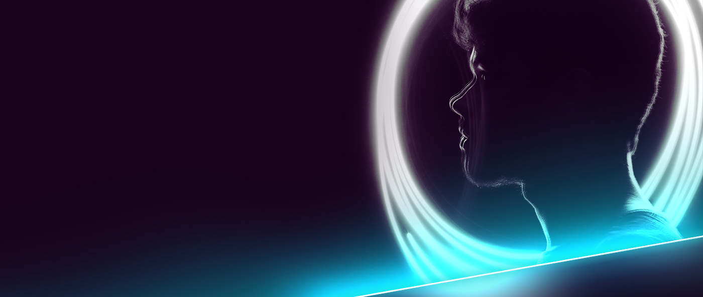 Dunkler Skrill VIP-Hintergrund mit Neonkreisen um das Gesicht eines Mannes