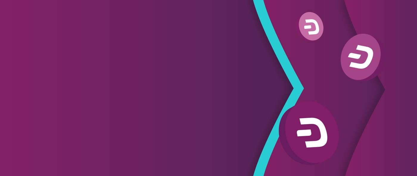 Logo Dash sur des jetons qui flottent au-dessus de la marque Skrill avec des flèches de couleur violette et bleu sarcelle