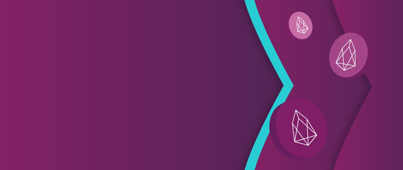 Logo EOS sur des jetons qui flottent au-dessus de la marque Skrill avec des flèches de couleur violette et bleu sarcelle