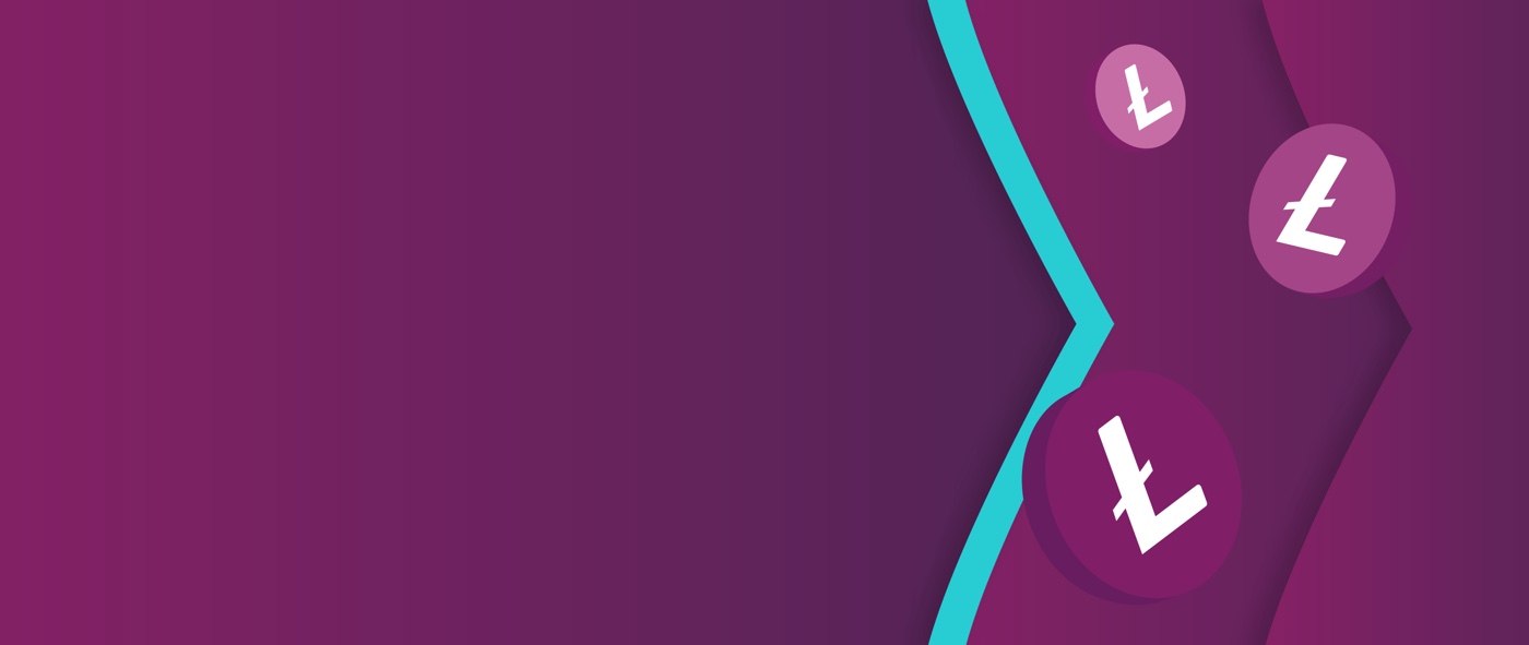 Logo Litecoin umieszczone na krążkach rozrzuconych na tle strzałek w kolorze fioletowym, odpowiadającym kolorowi logo Skrill, oraz zieleni morskiej