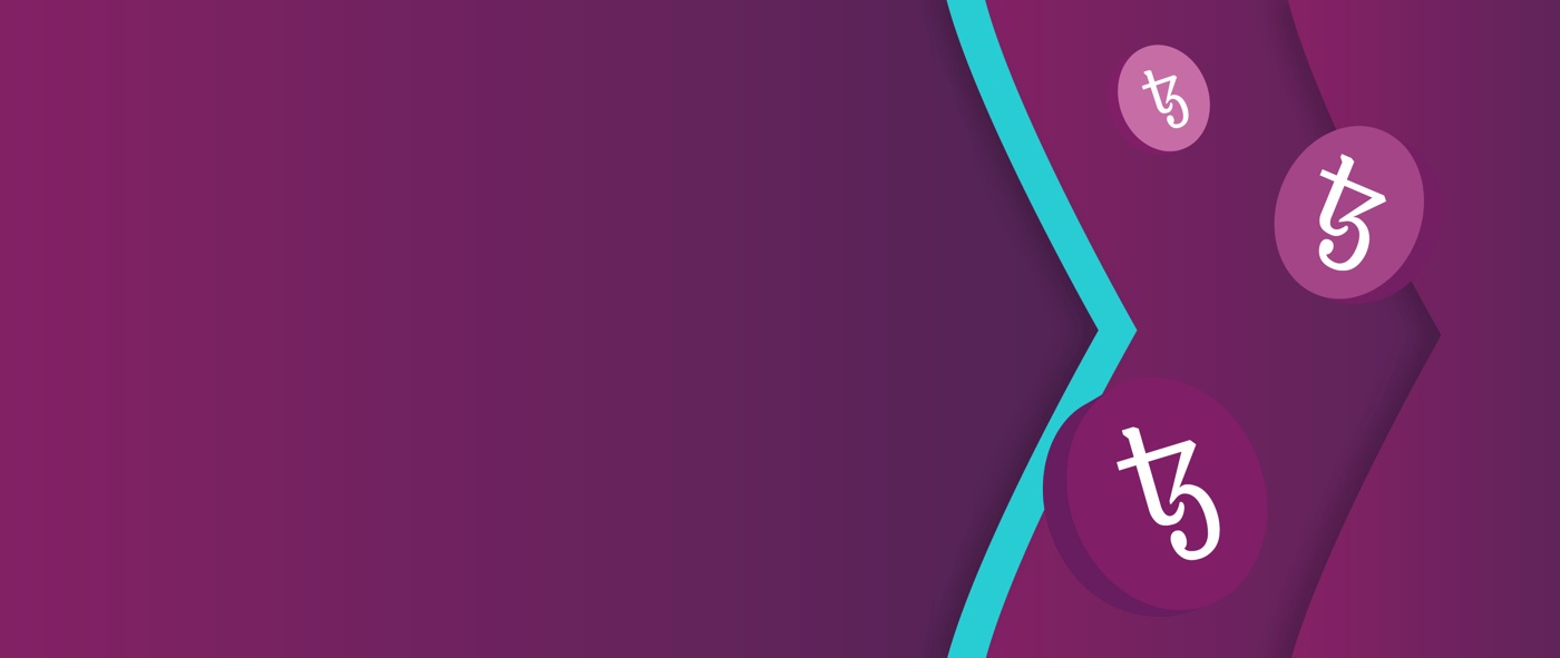 Логотип Tezos на фишках на фиолетовых и бирюзовых стрелках Skrill