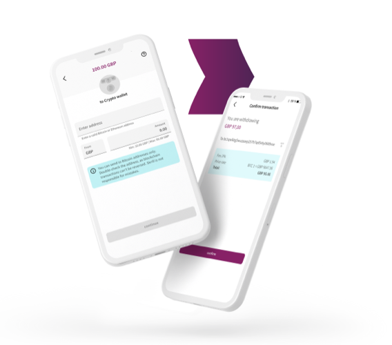 two Skrill app screens showing the new Skrill crypto withdrawal feature, Skrill brand arrow