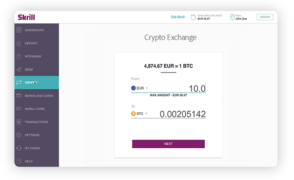 Crypto exchange Skrill wallet screen