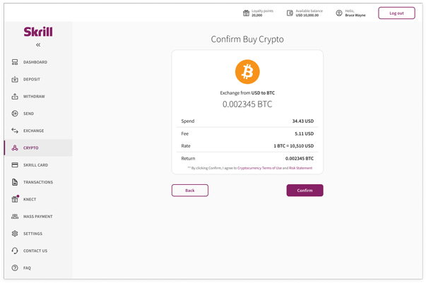 Confirmation action to buy cryptocurrency in the Skrill app