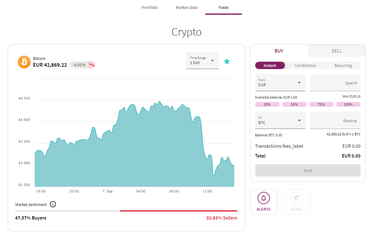 Crypto exchange rate in the Skrill app