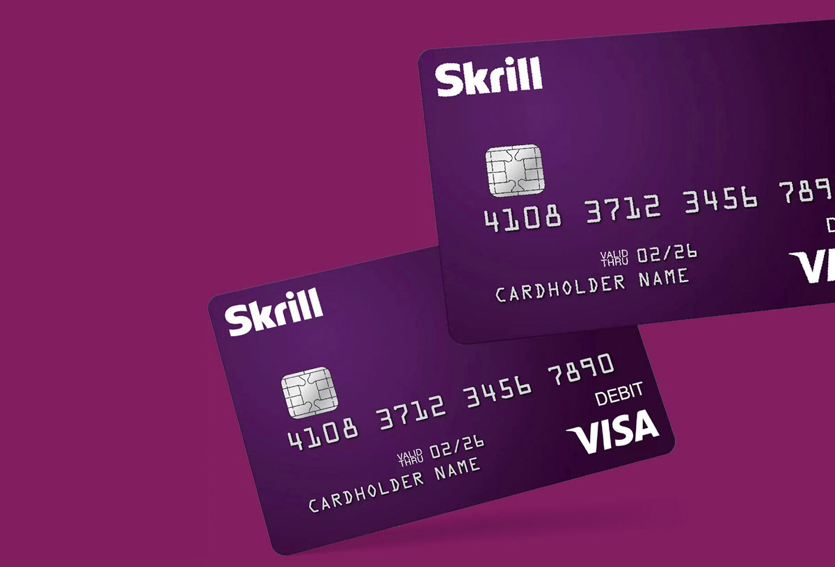 two Skrill Visa cards on purple background