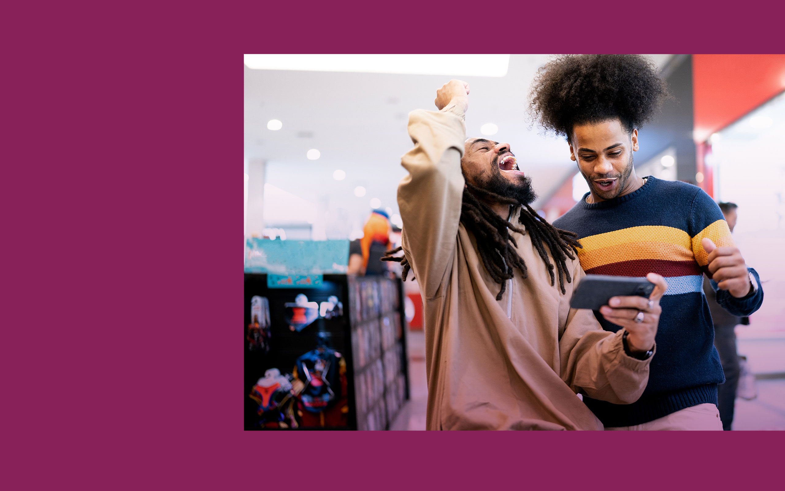 Skrill Inc Knect Loyalty program; two smiling man in a shop