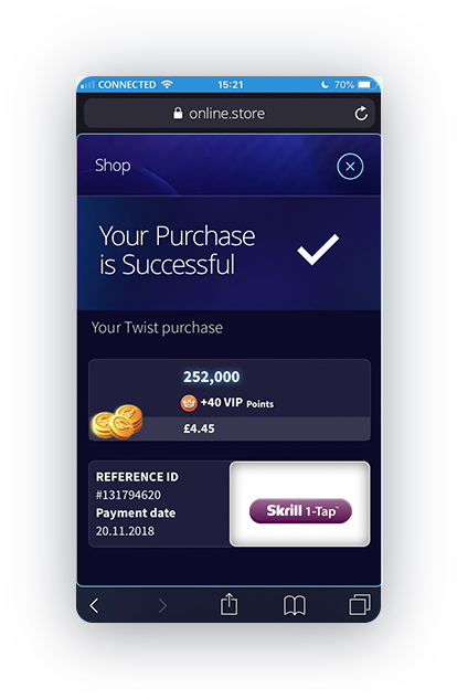 Skrill 1-tap successful payment screen