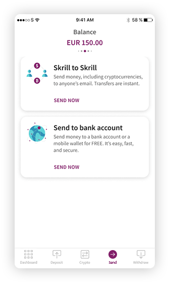 Animation with Skrill app screens where user send money