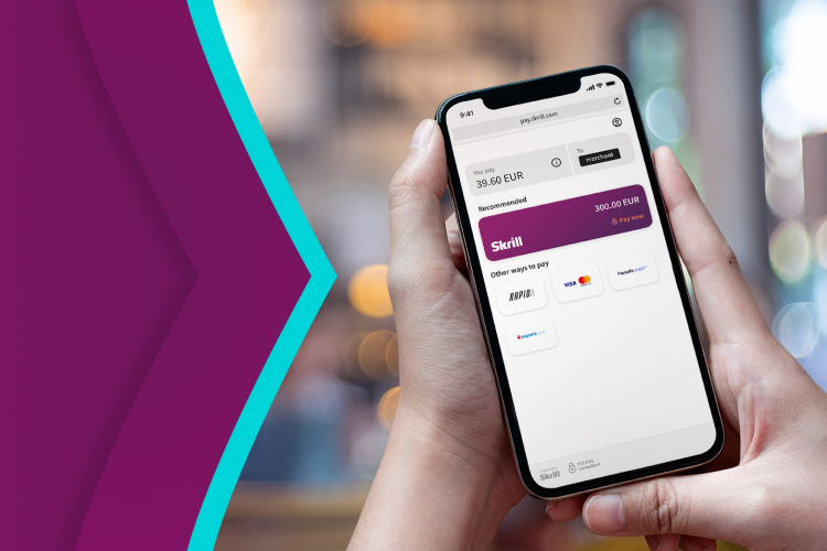 phone with Skrill app, you can pay online, transfer money, withdraw to bank, designed with Skrill brand arrows