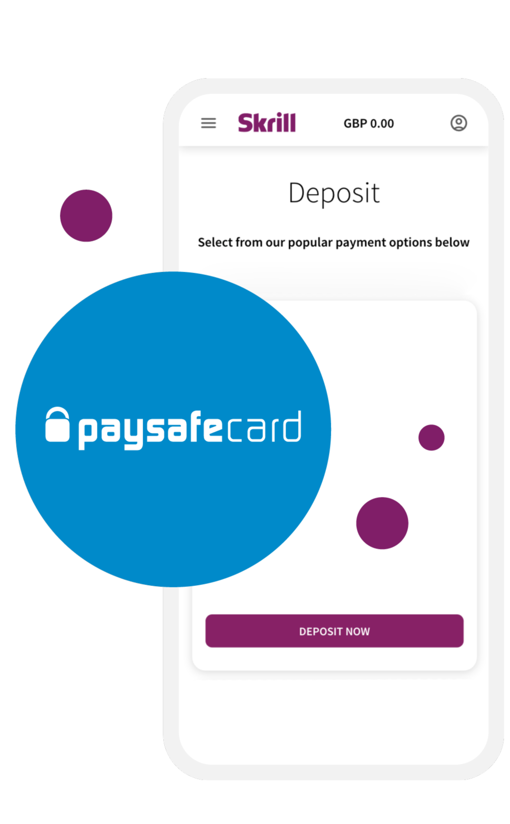 Skrill app screen showing you can deposit from paysafecard