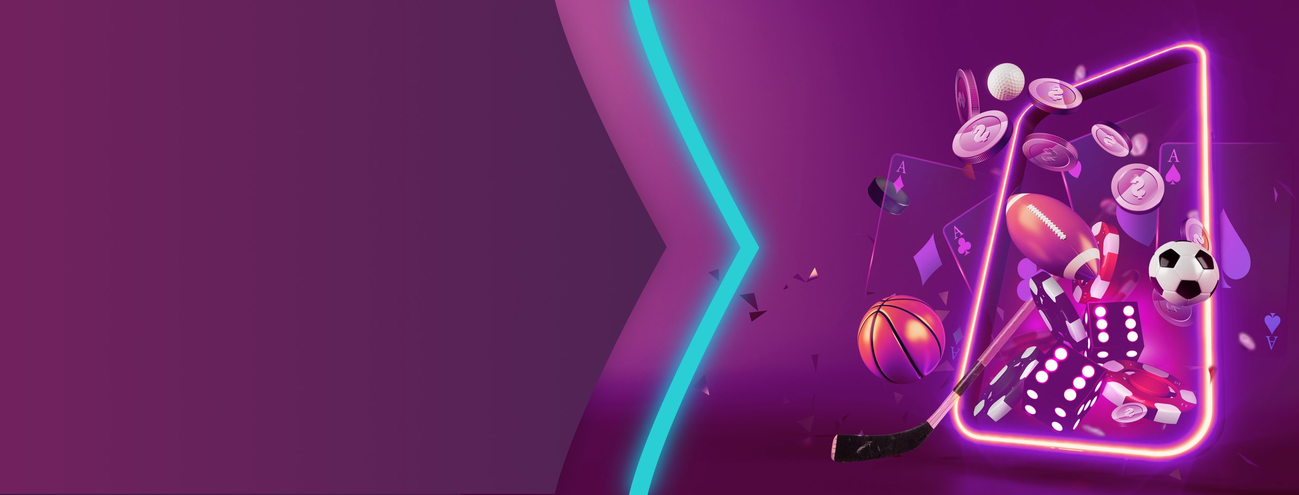 Purple background with different sports balls, coins and dice