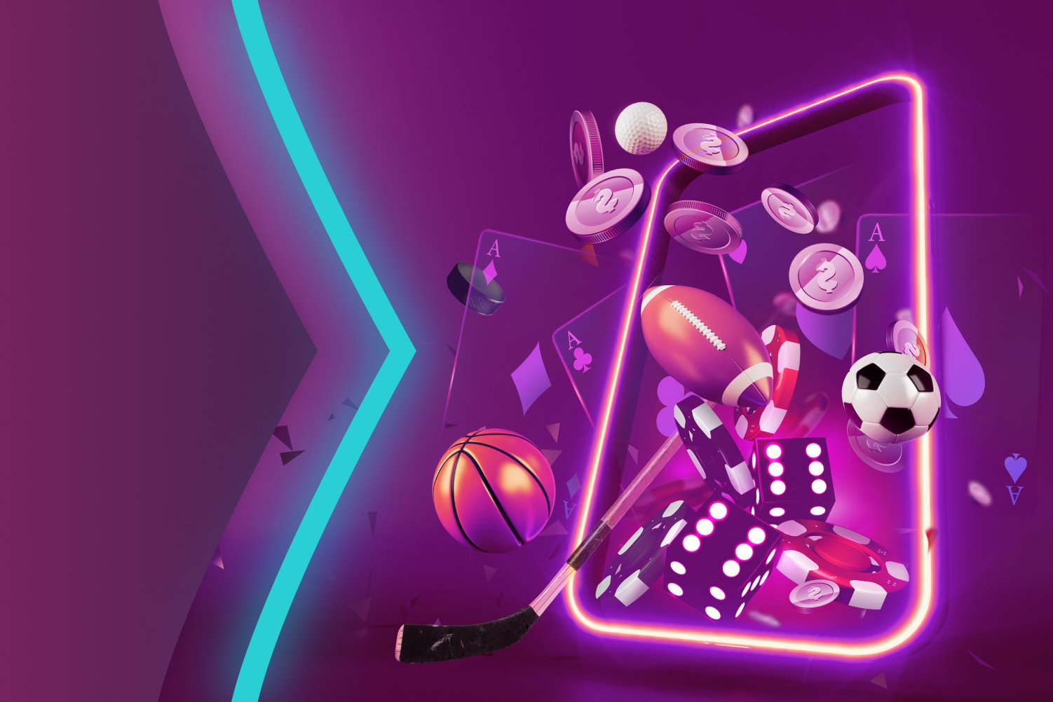 Purple background with different sports balls, coins and dice