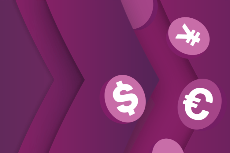 currencies icons on a purple background