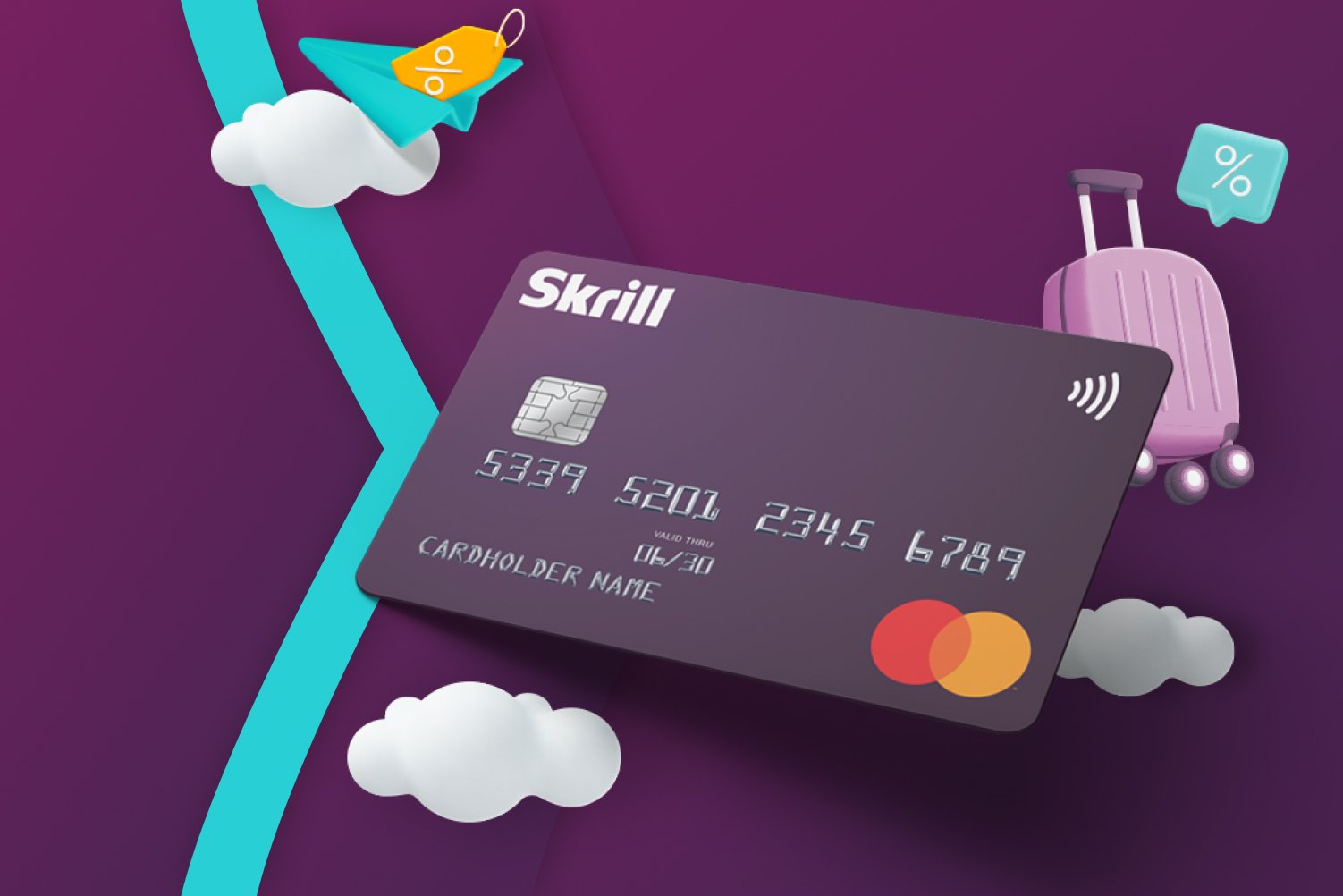Skrill Prepaid Mastercard with clouds and suitcase icons