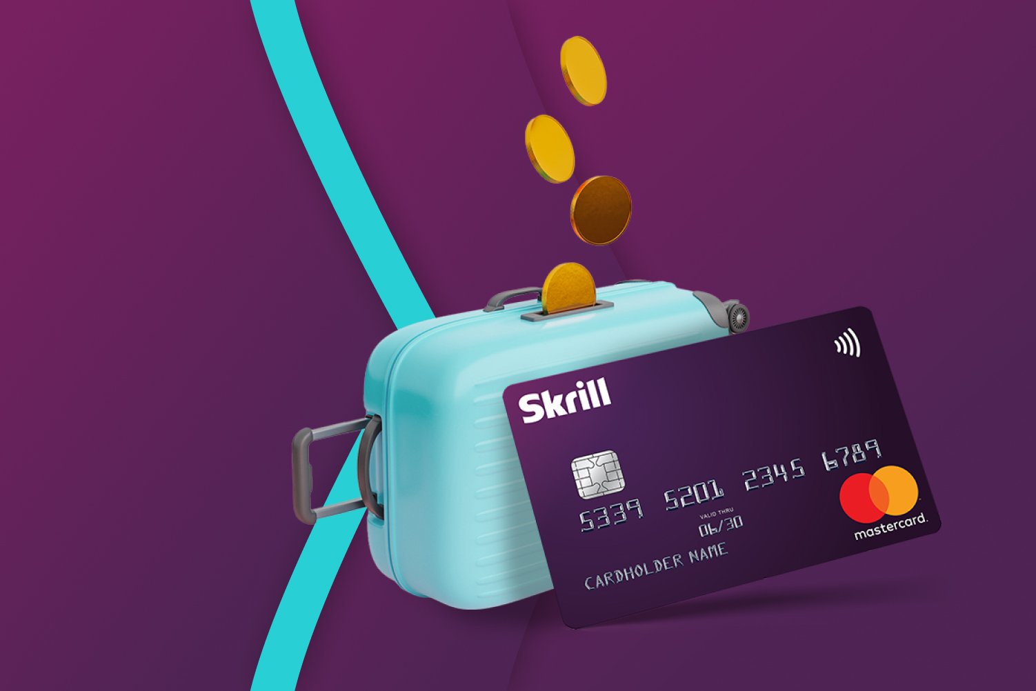 Skrill Prepaid Mastercard with suitcase and money coins