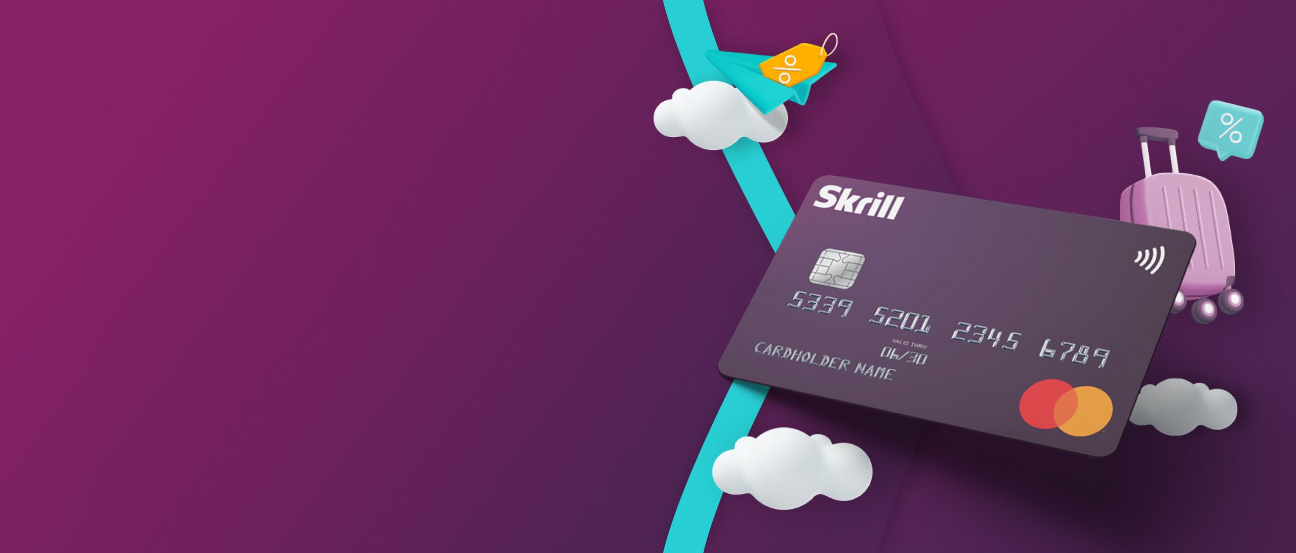 Skrill Prepaid Mastercard with clouds and suitcase icons