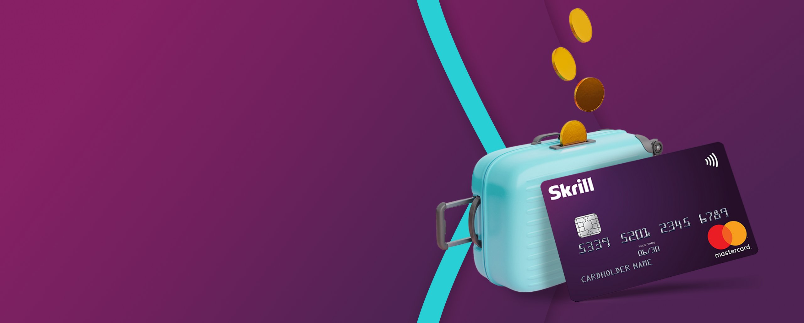 Skrill Prepaid Mastercard with suitcase and money coins