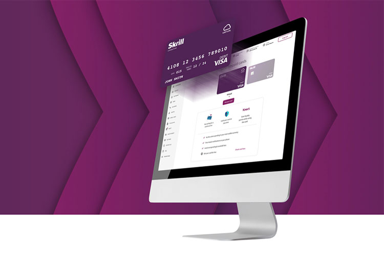 desktop monitor with open Skrill app displaying Skrill VISA card; gradient purple background