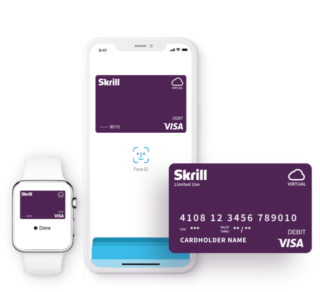smart watch and mobile device with Skrill app screen, Skrill Visa virtual card