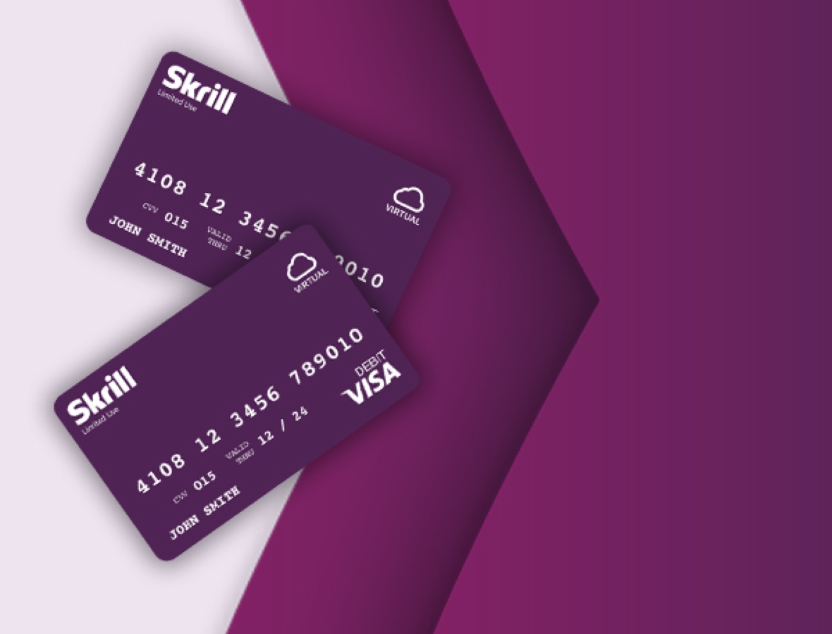 two Skrill VISA cards on a purple background