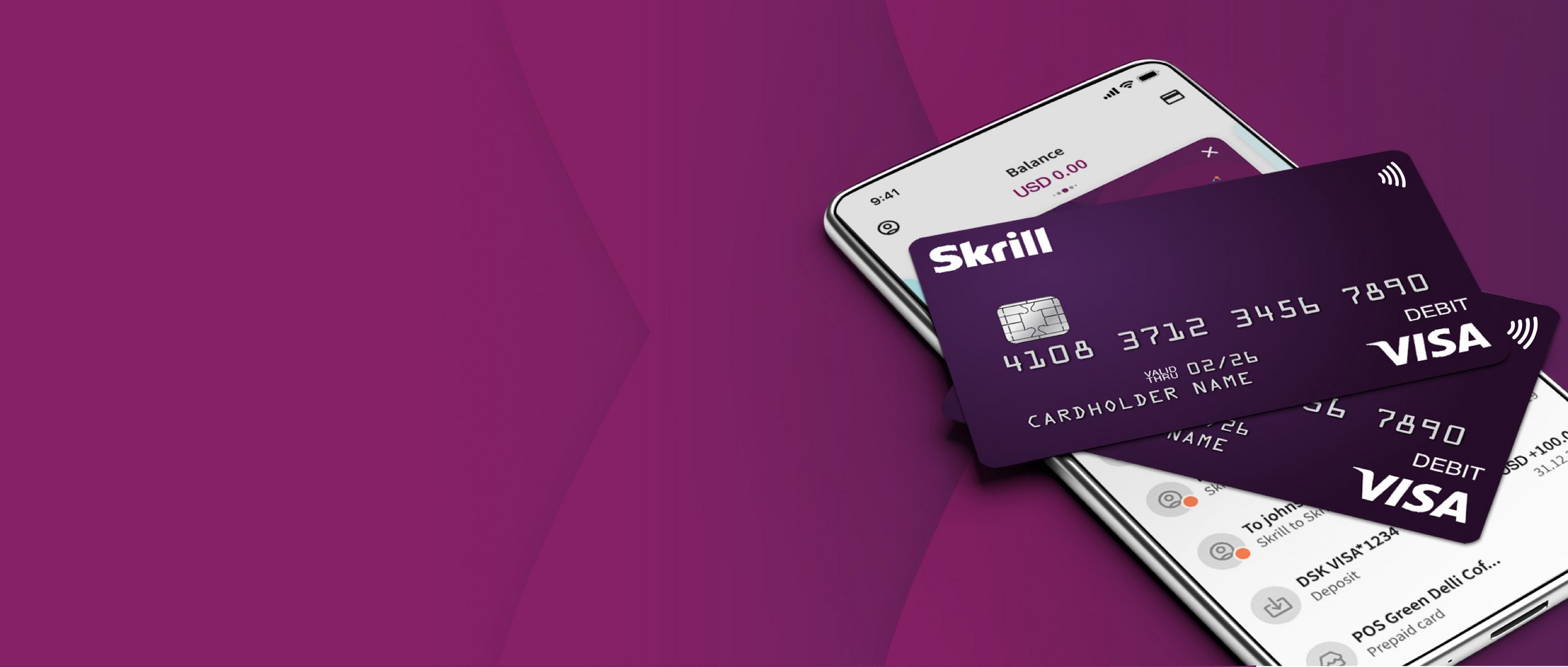 Skrill VISA cards over a mobile phone with active Skrill app