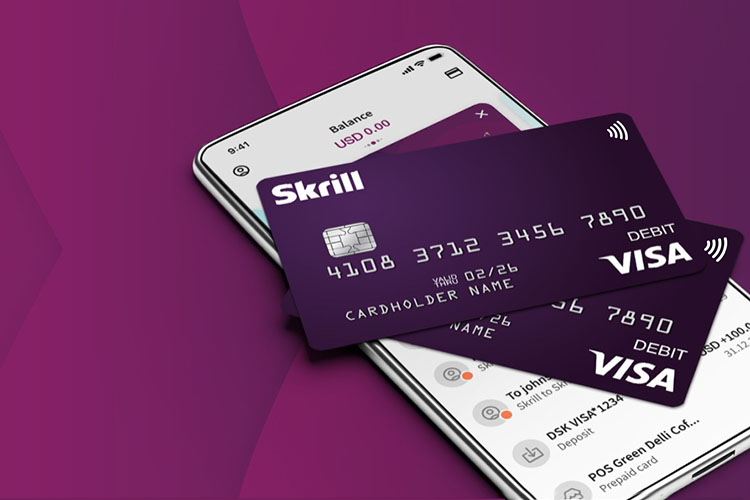 Skrill VISA cards over a mobile phone with active Skrill app