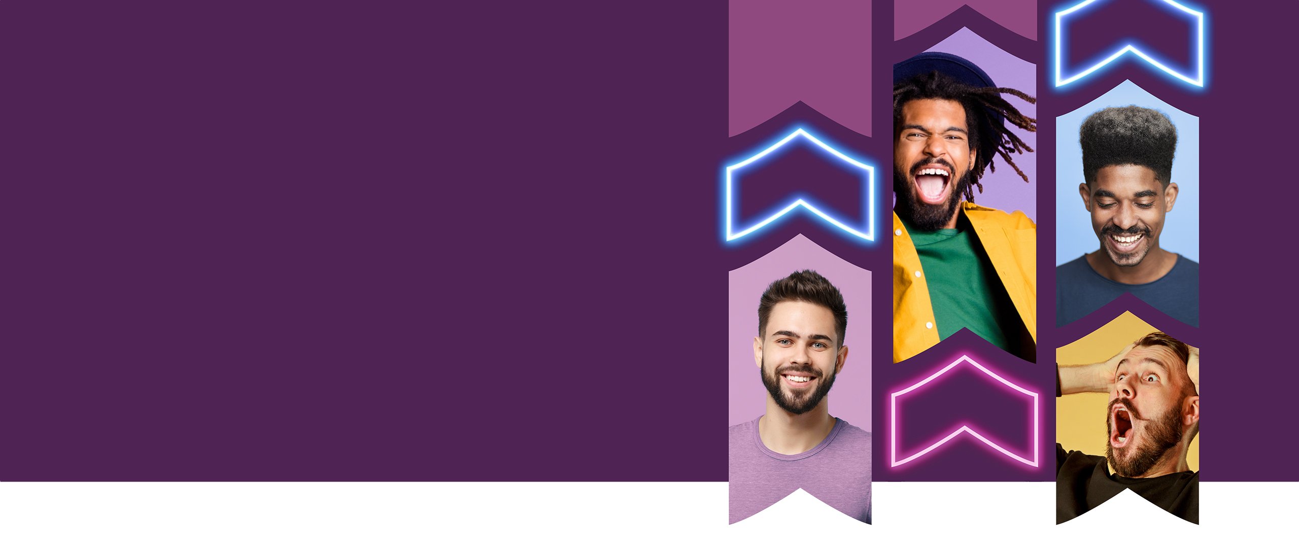 Skrill Refer a Friend program; happy people on purple background
