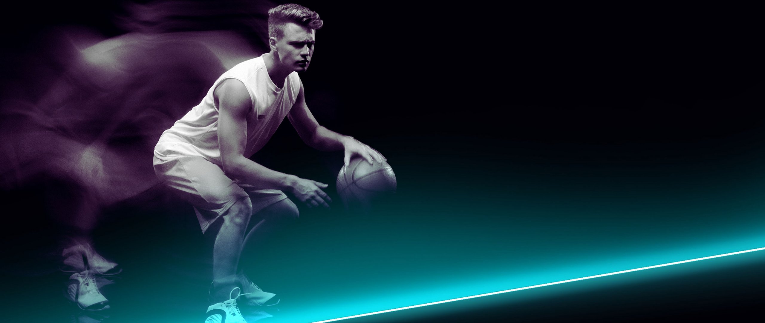 Basketball player on Skrill VIP dark purple background with neon line, VIP support