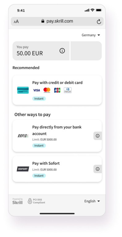 payment options and screen for Quick checkout Skrill solution