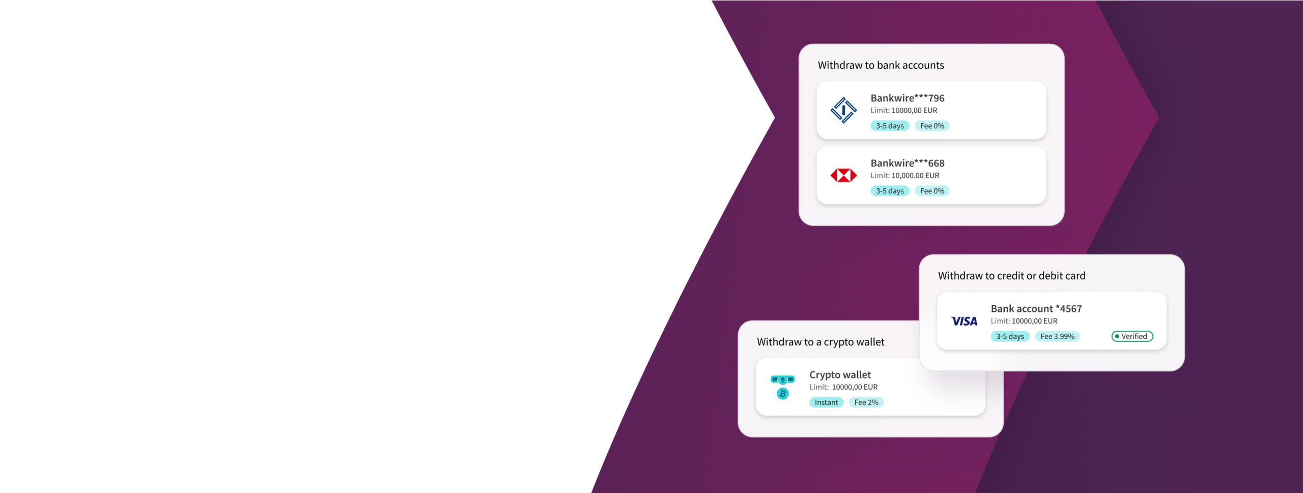 логотипы криптовалют Bitcoin, Ethereum, Litecoin на фоне фирменных пурпурных стрелок Skrill