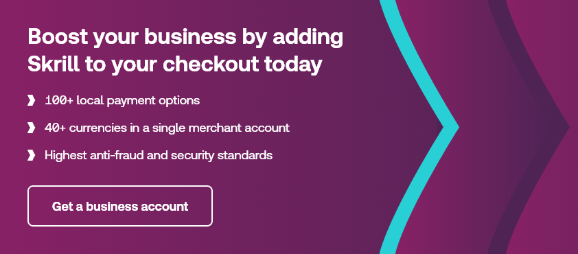 boost your business by adding Skrill to your checkout today; purple arrows background