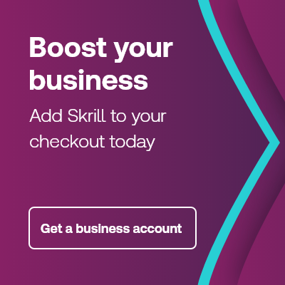 Boost your business with Skrill banner in Skrill purple and teal arrow branding