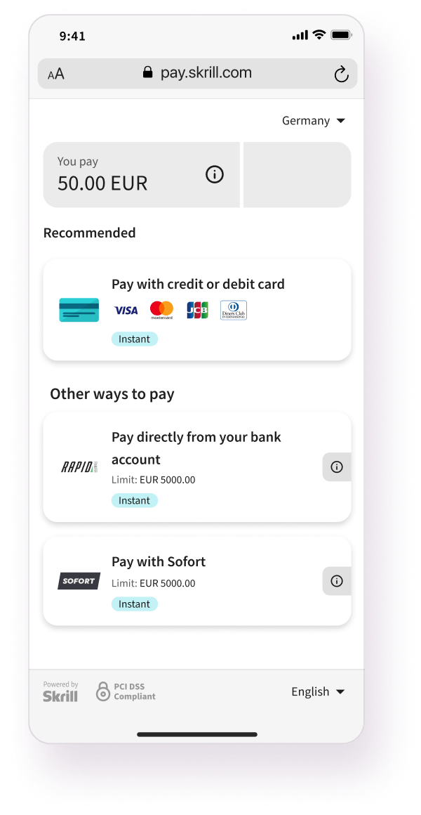 payment options and screen for Quick checkout Skrill solution