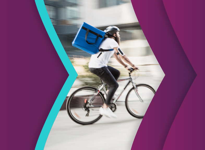 Take away delivery guy on a bicycle, fast, branded with Skrill purple and teal arrows