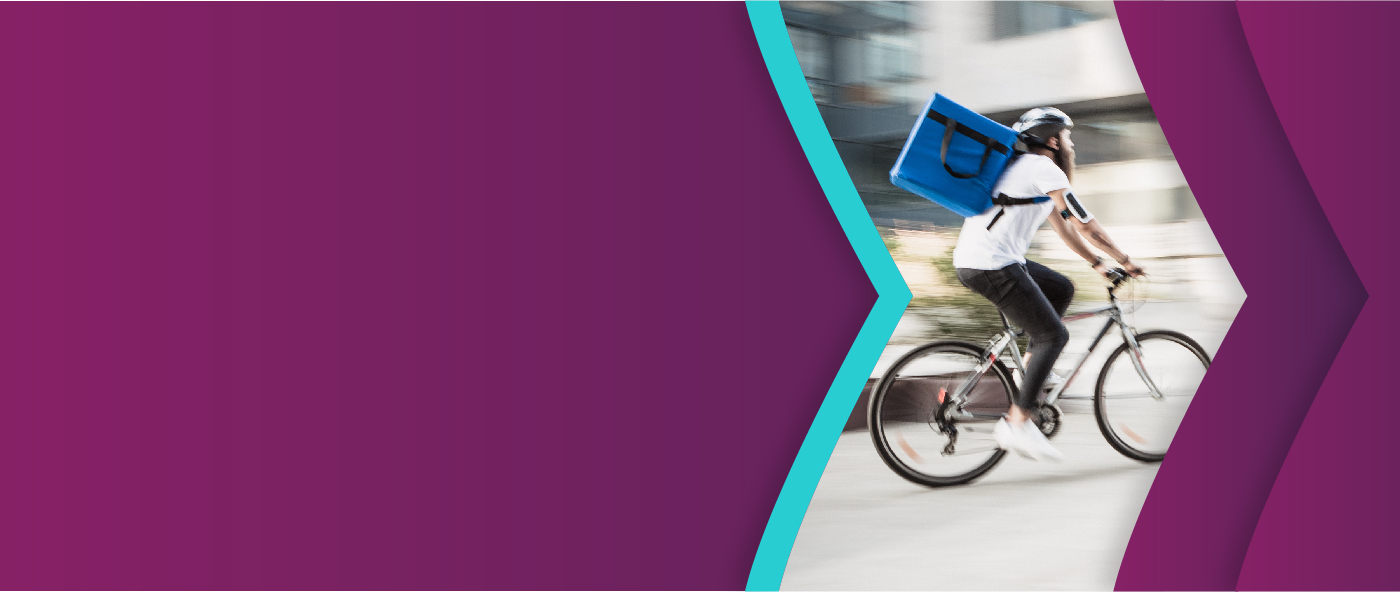Take away delivery guy on a bicycle, fast, branded with Skrill purple and teal arrows